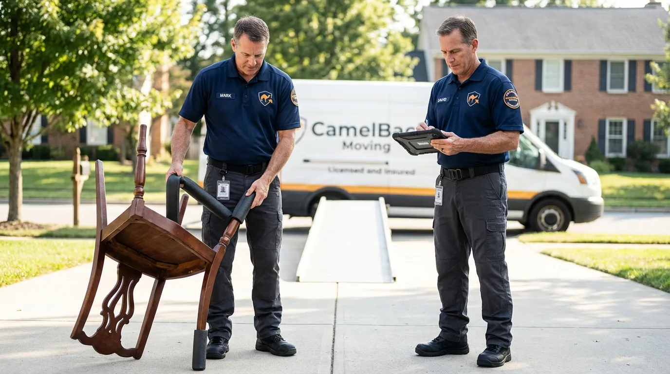 Movers inspecting furniture for damage prevention before loading in Stokesdale, NC