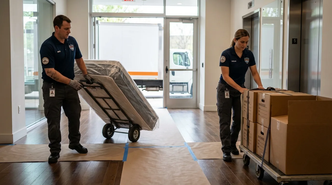 Professional apartment movers loading elevator in Stokesdale, NC