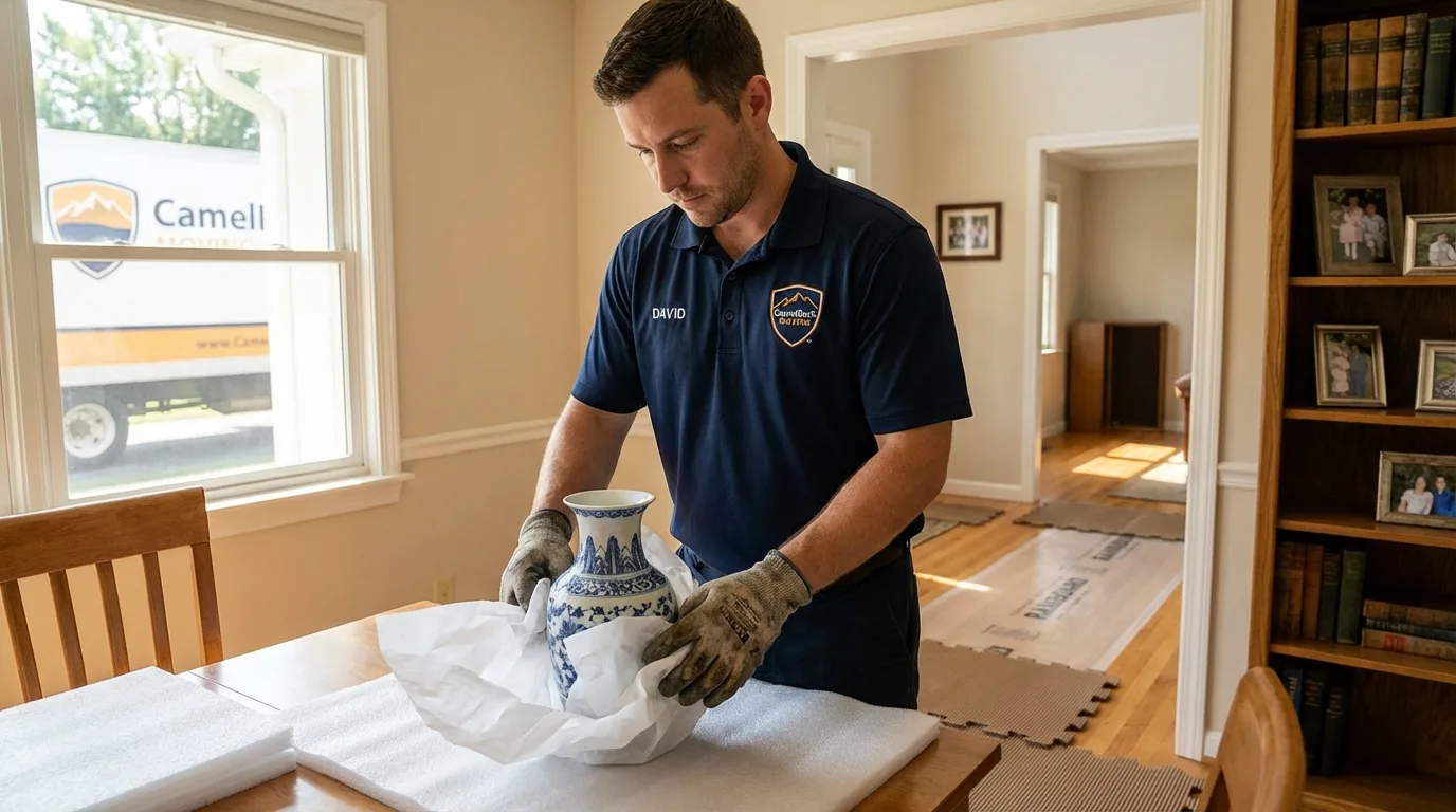 Professional crew carefully wrapping antique vase for senior downsizing move in Stokesdale, NC